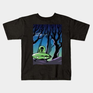 Ufo alien funny cute flying spaceship astronaut moon mars cosmic forest Kids T-Shirt